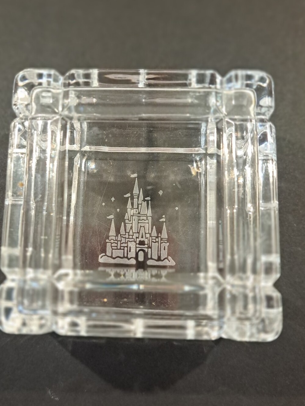 Vtg Engraved Glass Disney Cinderella Castle Trinket Box